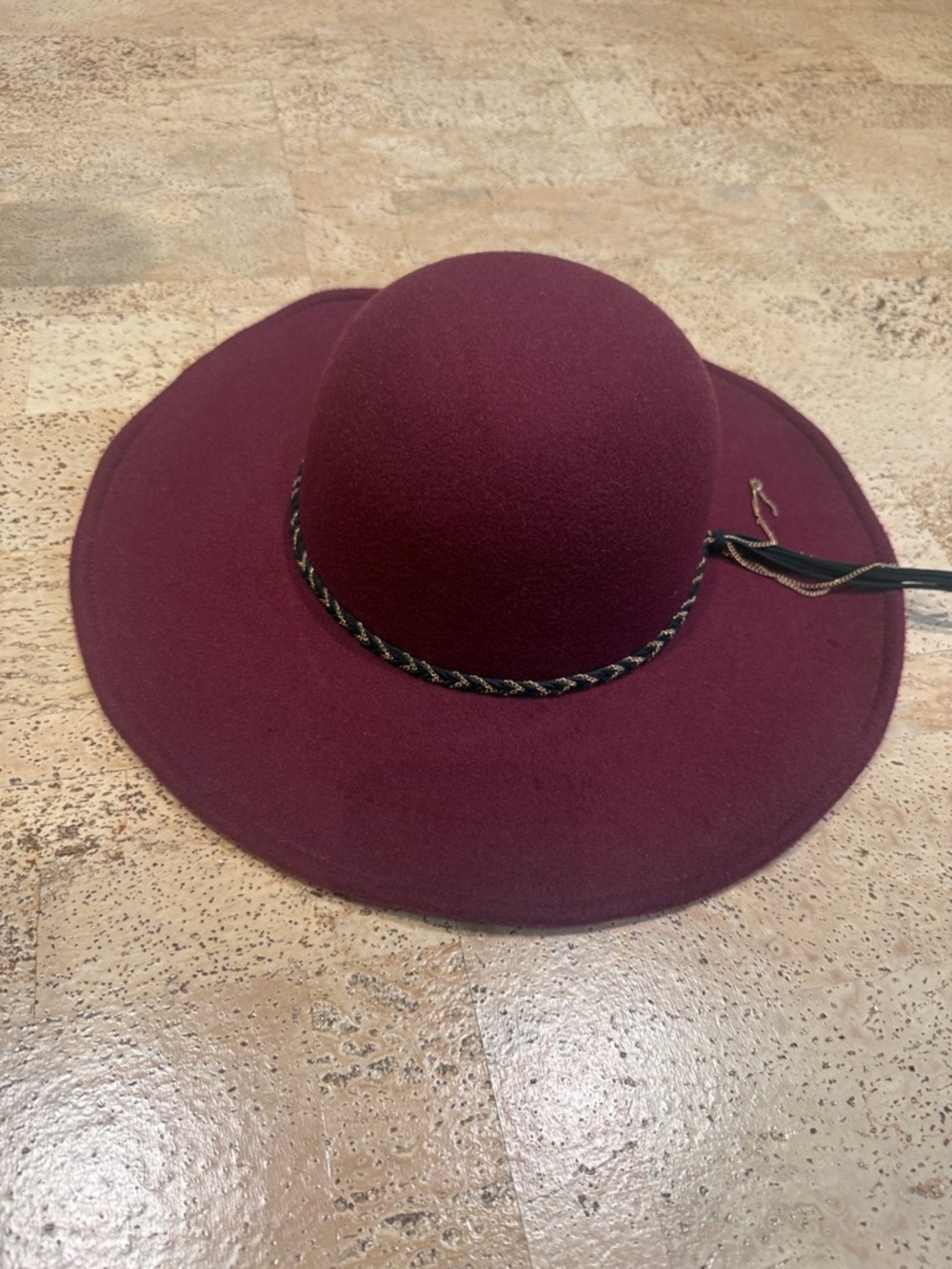 Mud Pie Burgundy Wide-Brim Felt Hat with Braided Trim